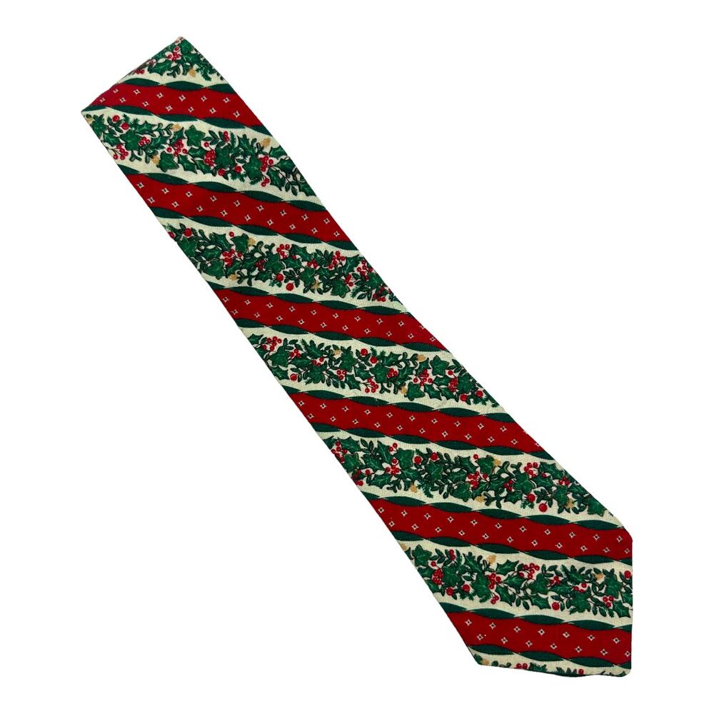 Christmas Tie Red Green Holly Diagonal Stripe Vintage Handmade Holidays